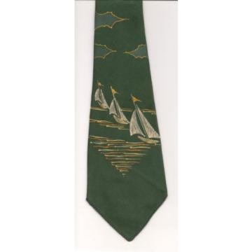 Tie, Linde California Forest Green Pale Yellow White HAND PAINTED Sailboats USA