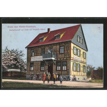 schöne AK Nieder-Rosbach, Gasthaus zur Linde v. F. Köbel, Radfahrer 1914