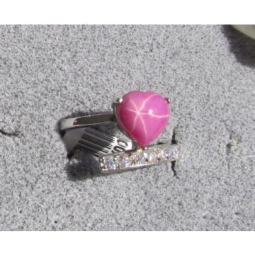 9x9MM HEART LINDE LINDY PINK STAR RUBY CREATED SAPPHIRE 2ND STAINLESS STEEL RING