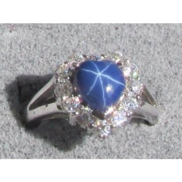 8MM HEART LINDE LINDY CF BLUE STAR SAPPHIRE CREATED 2ND RD PLT HALO .925 SS RING