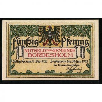 Notgeld Bordesholm 1921, 50 Pfennig, Stadtwappen, die große Linde