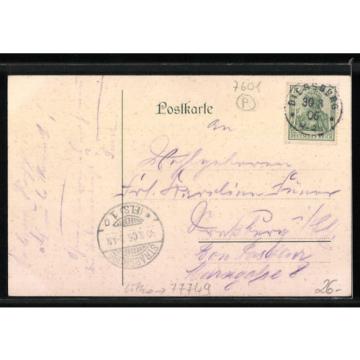 Lithographie Diersburg, Ruine Thiersberg, Gasthaus Linde, Gesamtansicht 1906