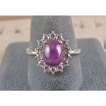 VINTAGE SIGNED LINDE LINDY PLUM PURPLE STAR SAPPHIRE CREATED HALO RING RD PL S/S
