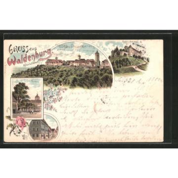 Lithographie Waldenburg, Partie an der Linde, Fürstl. Schloß, Pfarrhaus 1900