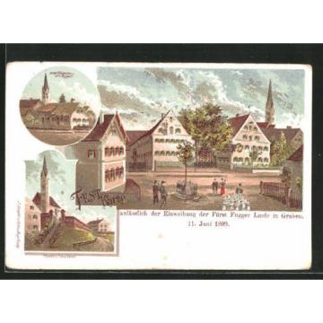 Lithographie Graben, Einweihung Fürst-Fugger-Linde 11.6.1899, Kirche u. Schule,