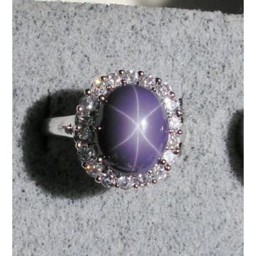 VINTAGE LINDE LINDY PERIWINKLE STAR SAPPHIRE CREATED HALO RING RD PLT .925 SS